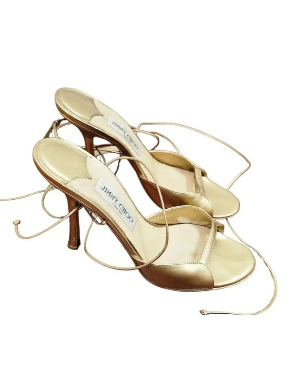 Jimmy Choo Gold Metallic Leather Lace Up Ankle Wrap Heels EU 39 US 8.5 Italy
